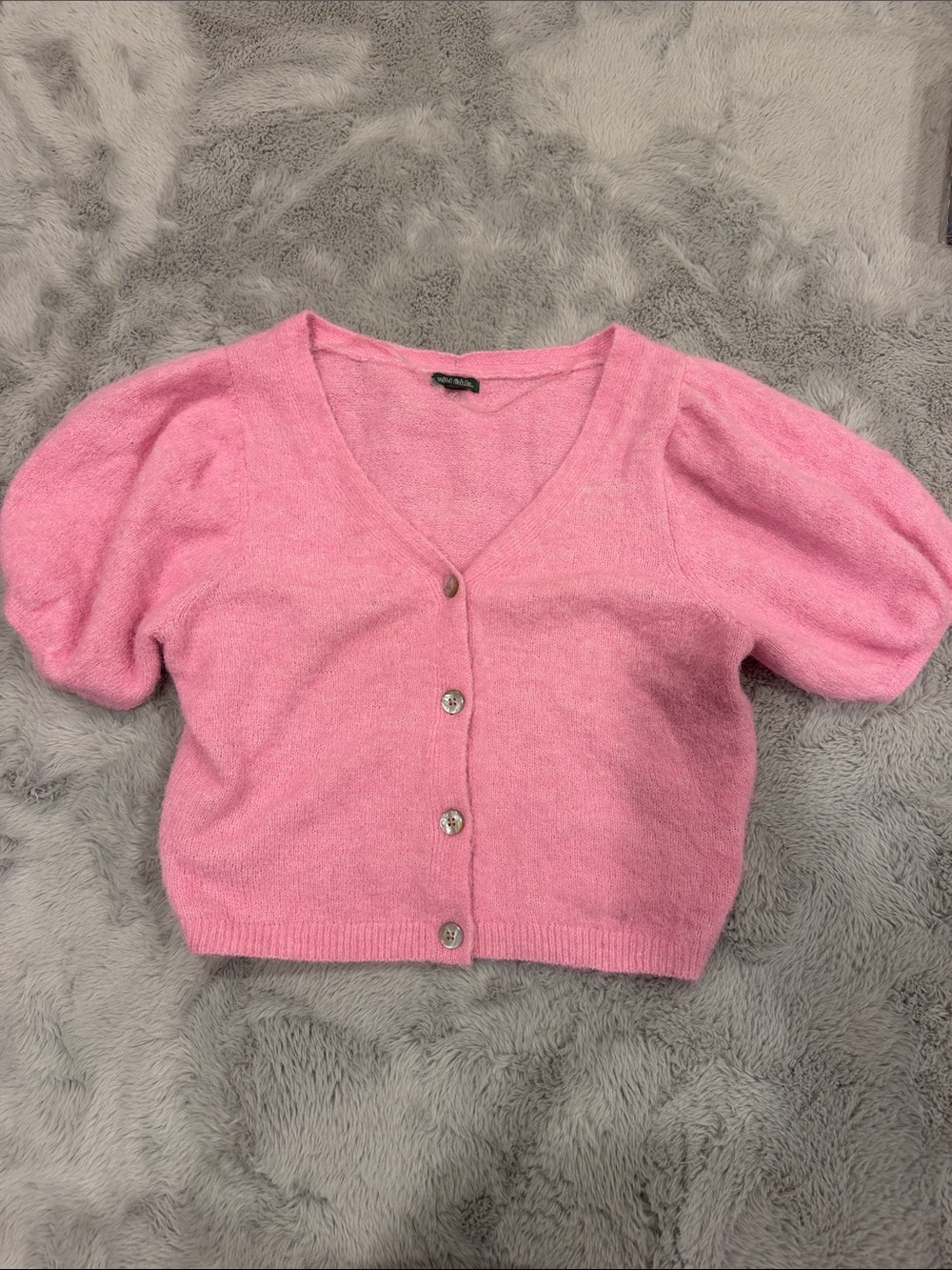 Women’s medium Soft Puff-Sleeve Pink V-Neck Button Cardigan wild fable